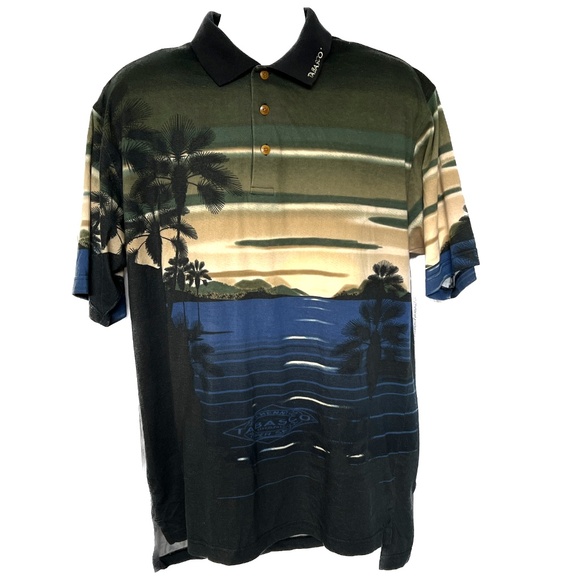 Vintage Tabasco Polo Shirt Hot Sauce All Over Print Ocean Sunset XL Blue Green - Picture 1 of 7